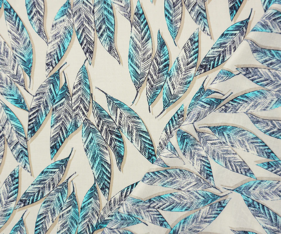 Beige-Teal-Black Rayon Leaves Printed Voile Woven Fabric - Image 2