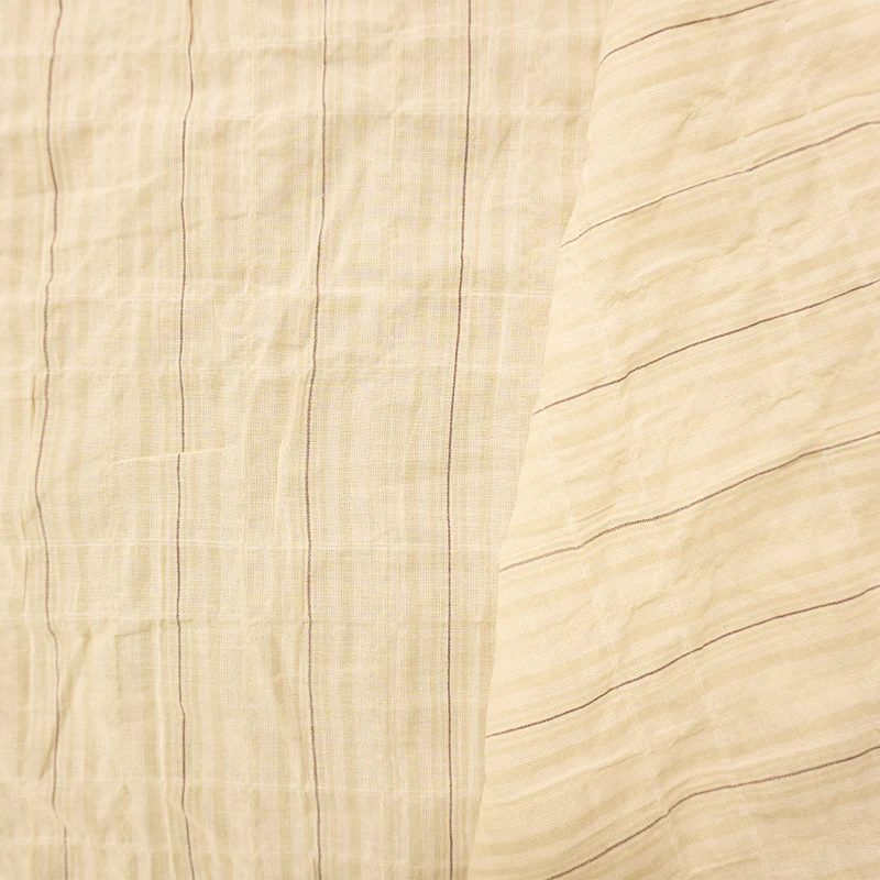 Beige-White Famous Maker Cotton Stripe-Plaid Crinkle Woven Fabric