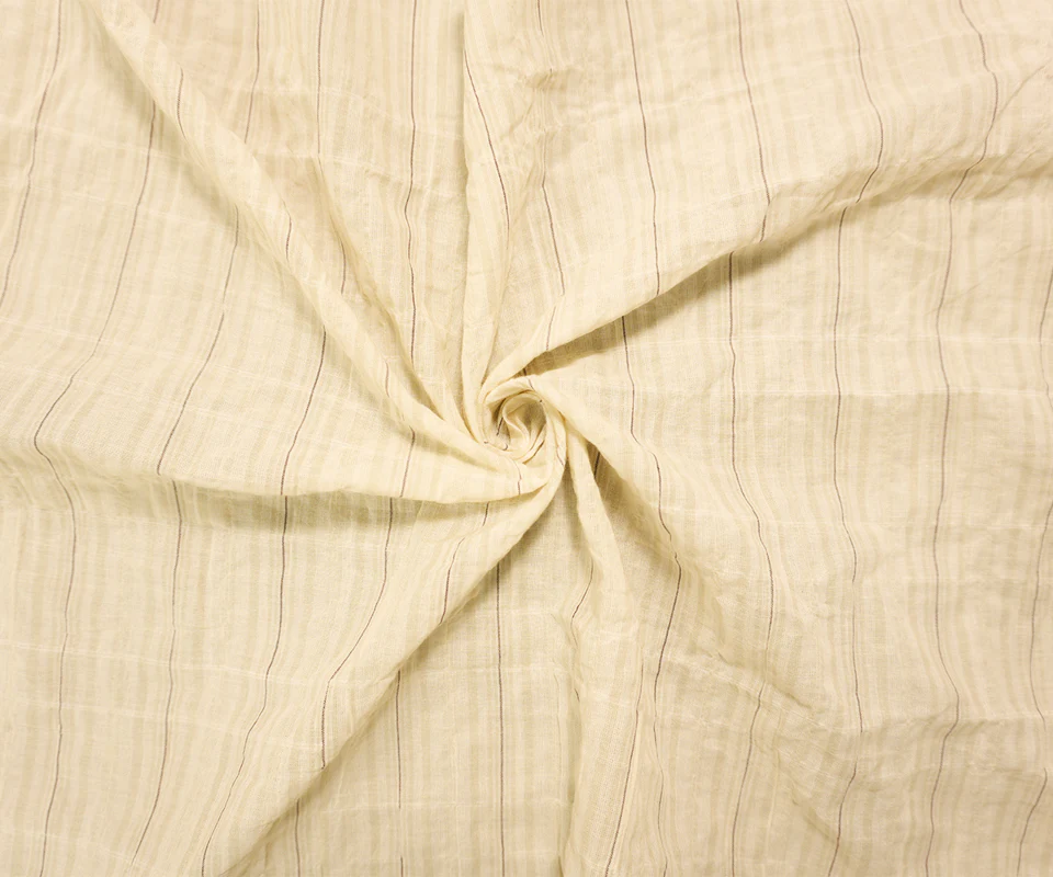 Beige-White Famous Maker Cotton Stripe-Plaid Crinkle Woven Fabric - Image 3