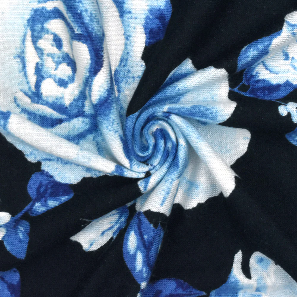 Bell Blue-Black-Multi Floral Printed Rayon Stretch Jersey Knit Fabric - Image 2
