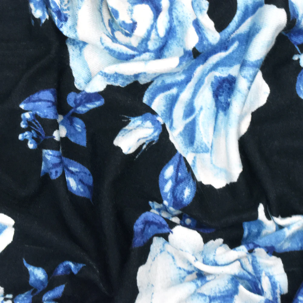 Bell Blue-Black-Multi Floral Printed Rayon Stretch Jersey Knit Fabric - Image 3