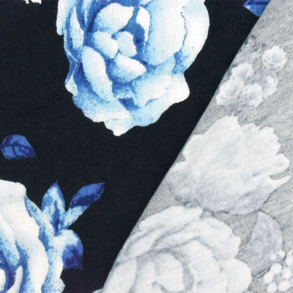 Bell Blue-Black-Multi Floral Printed Rayon Stretch Jersey Knit Fabric - Image 4