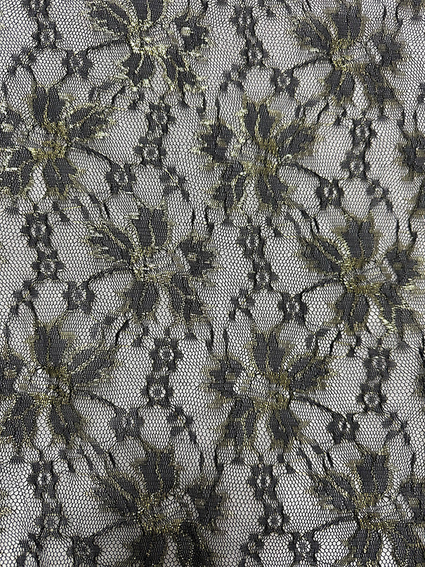Black and Metallic Gold Floral Mesh Lace Fabric - Image 2
