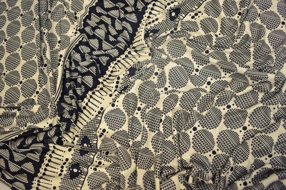 Black-Beige Dot Striped Pattern Printed Stretch Silk Jersey Knit Fabric - Image 4