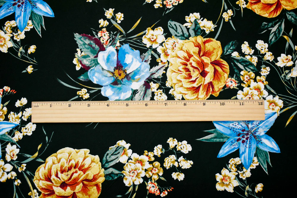 Black-Blue-Multi Cotton Stretch Spandex Floral Print Poplin Woven Fabric - Image 2