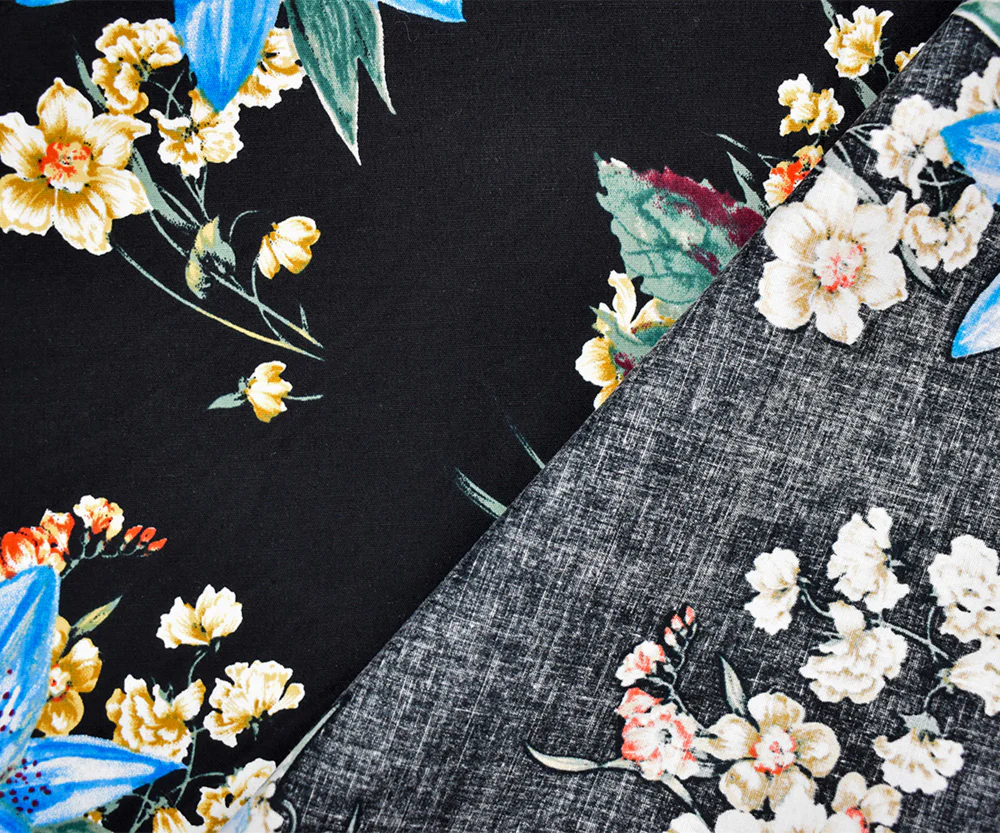 Black-Blue-Multi Cotton Stretch Spandex Floral Print Poplin Woven Fabric - Image 3