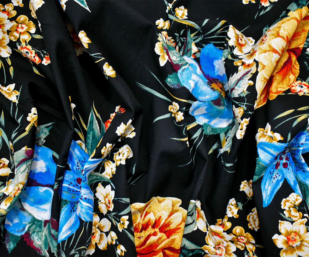 Black-Blue-Multi Cotton Stretch Spandex Floral Print Poplin Woven Fabric - Image 4