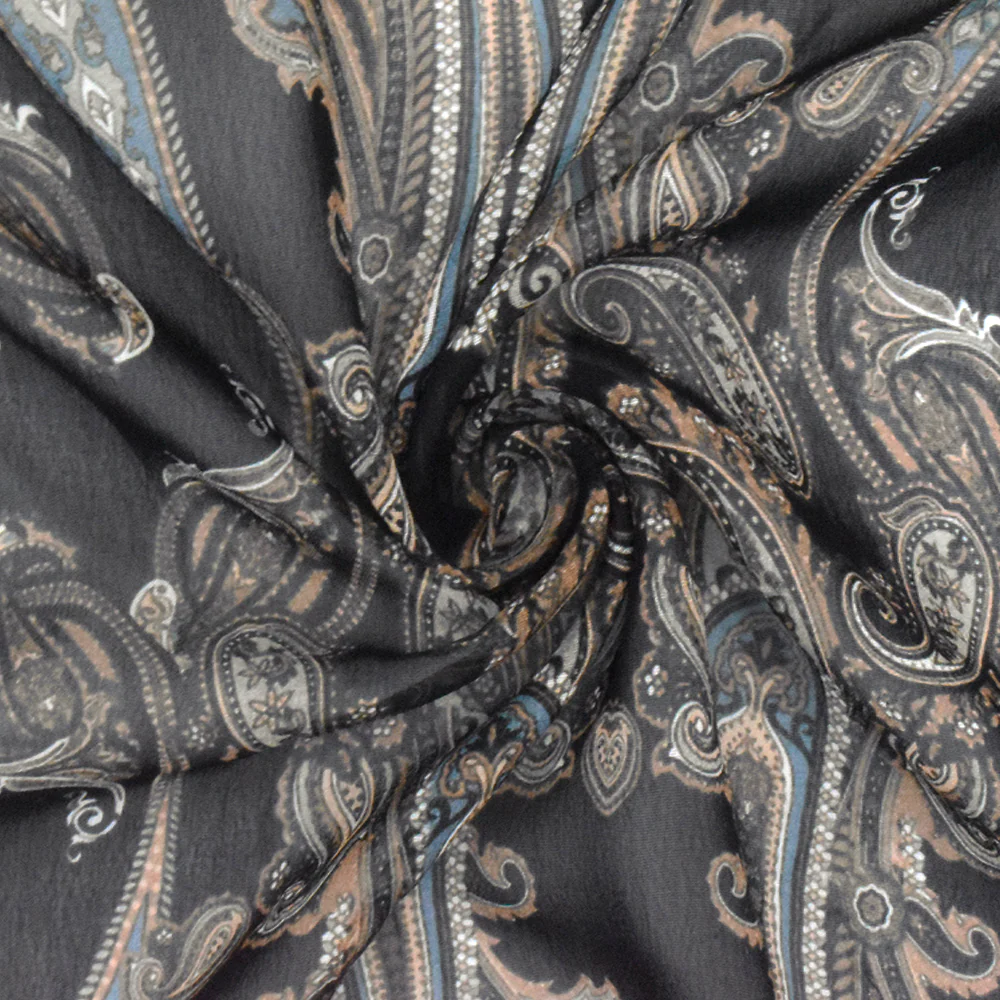 Black-Blue-Multi Famous Designer Paisley Printed Rayon Chiffon Fabric - Image 2