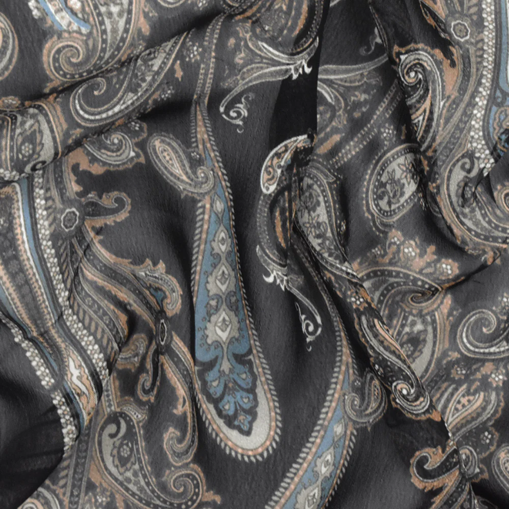 Black-Blue-Multi Famous Designer Paisley Printed Rayon Chiffon Fabric - Image 3