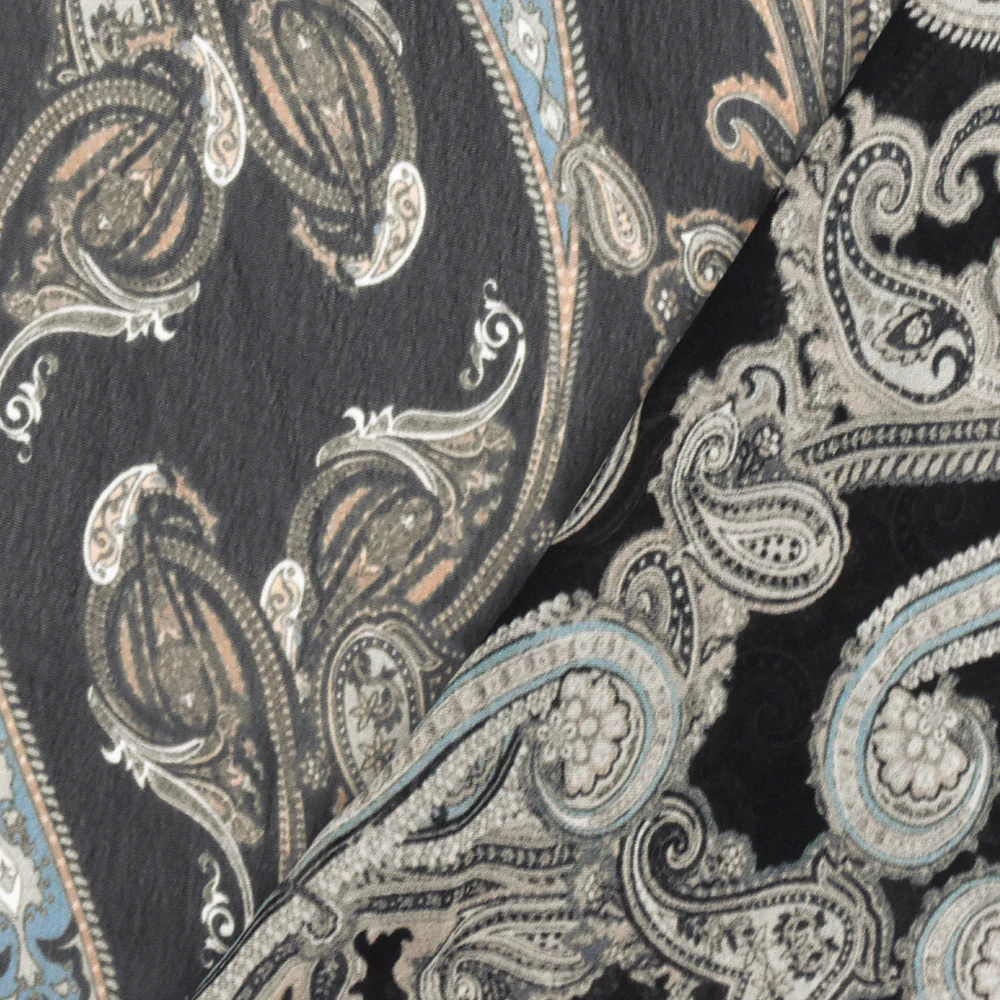 Black-Blue-Multi Famous Designer Paisley Printed Rayon Chiffon Fabric - Image 4