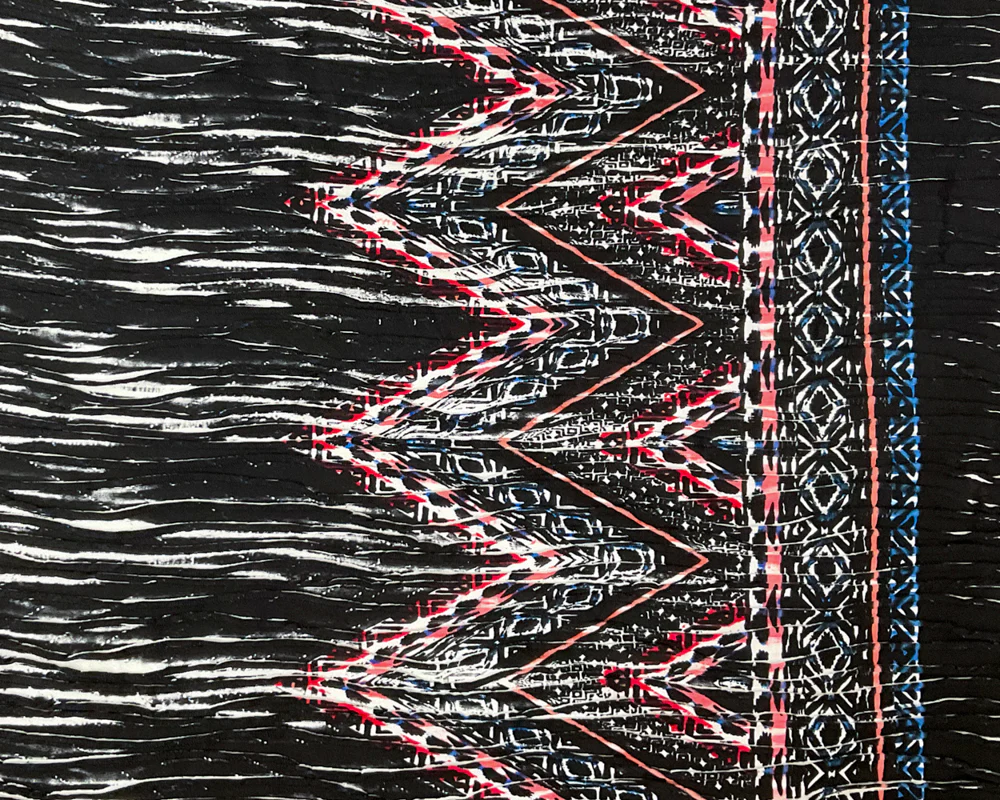 Black-Blue-Multi Poly Chevron Border Printed Knife Pleat Knit Fabric - Image 3