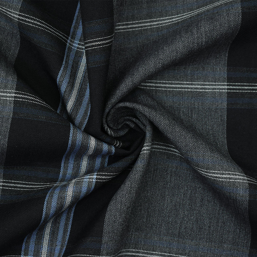 Black-Blue-Multi Wool-Polyester Plaid Woven Shirting Fabric - Image 3