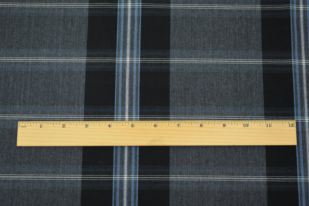 Black-Blue-Multi Wool-Polyester Plaid Woven Shirting Fabric - Image 5