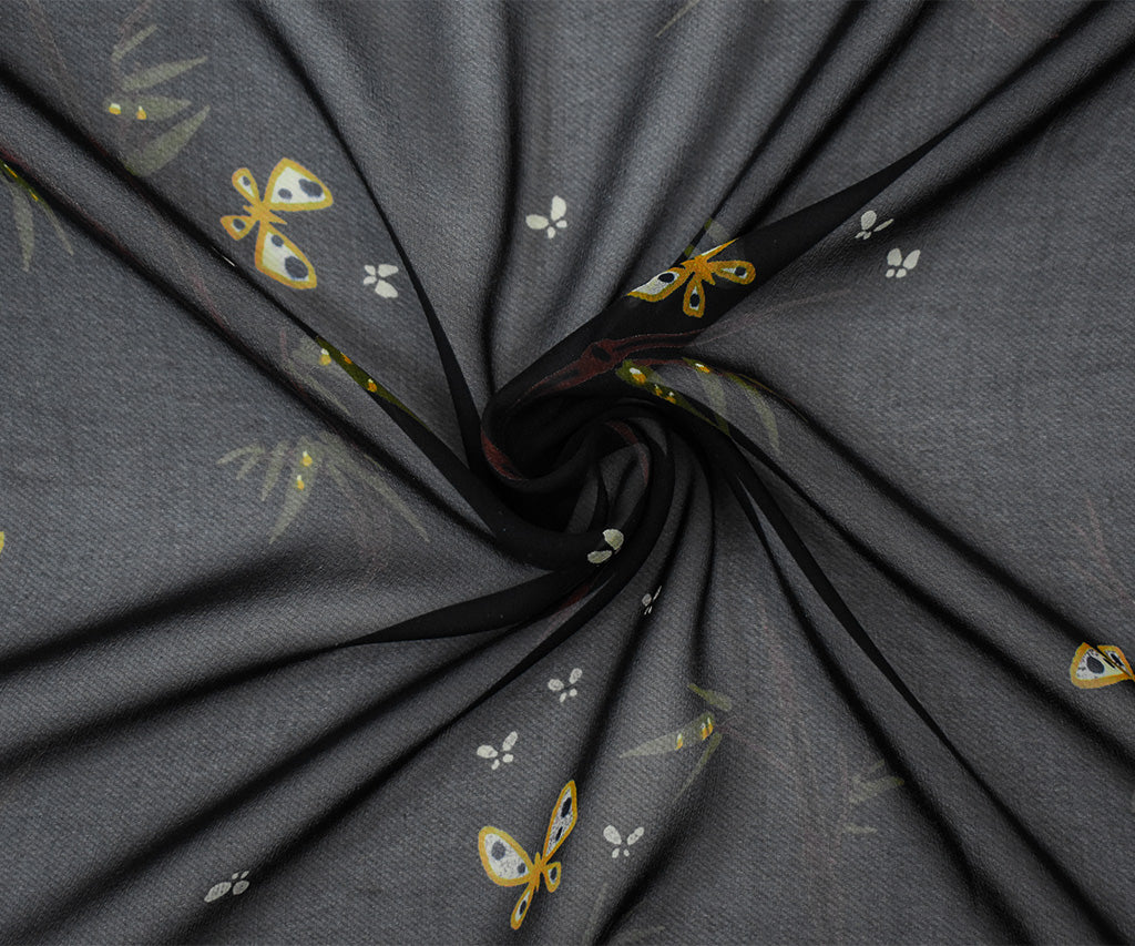 Black-Brown-Multi Silk Butterfly Branch Printed Chiffon Woven Fabric - Image 3