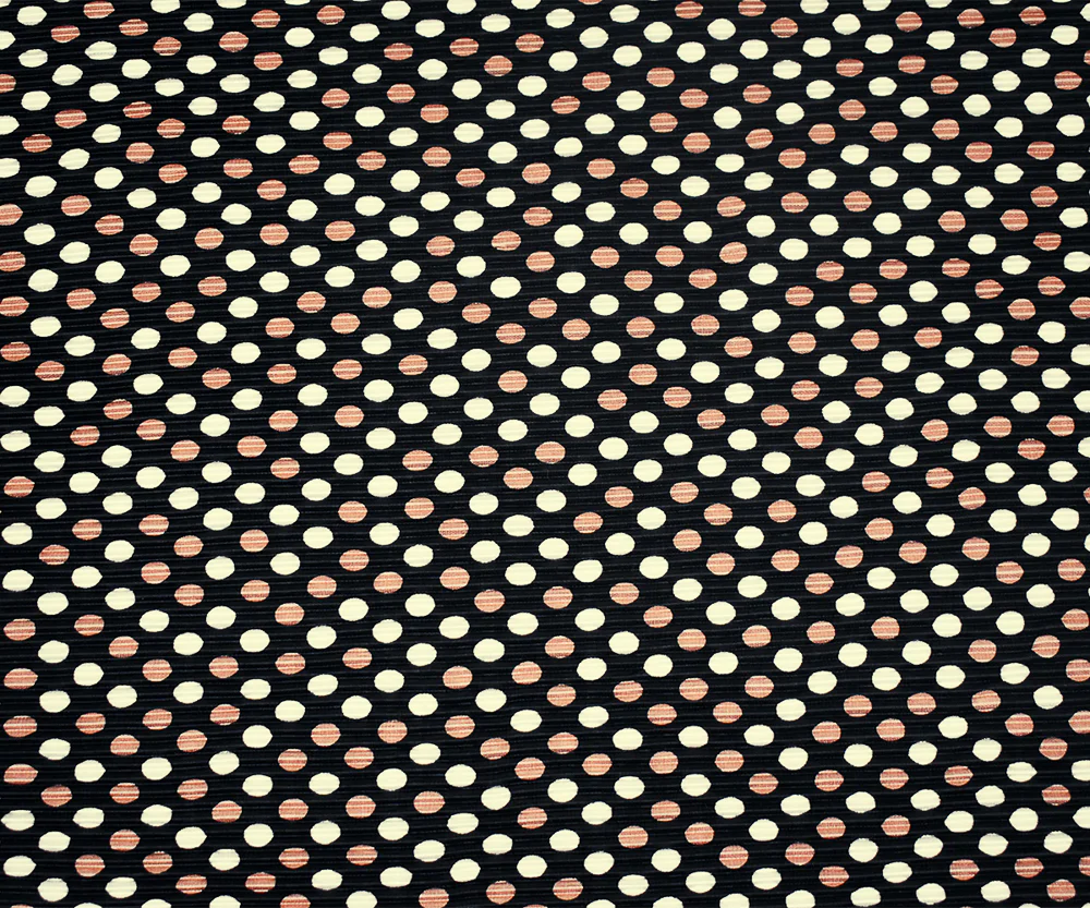 Black-Copper-White Dot Printed Stretch Pressed Pleated Satin Knit Fabric - Image 4