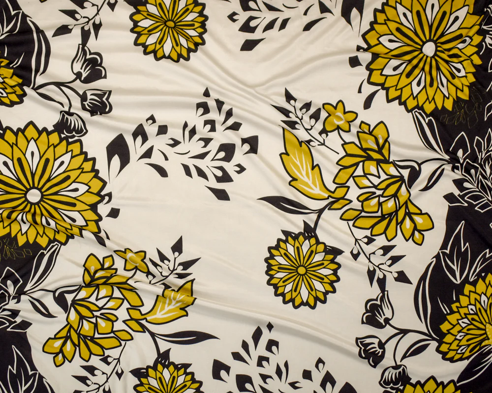 Black-Dijon-White Floral Border Printed Stretch Silk Jersey Knit Fabric - Image 2