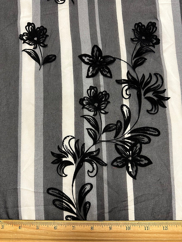 Black Flocked Floral Burnout Stripe Print High Crepe Fabric - Image 3