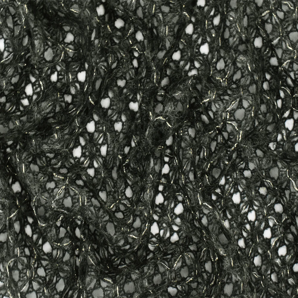 Black-Gold-Gray Diamond Net Wool Blend Crochet Knit Fabric - Image 2
