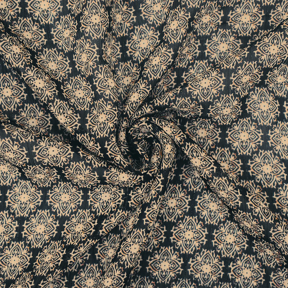 Black-Gold-Multi Medallion Print Poly Metallic Stripe Yoryu Chiffon Fabric