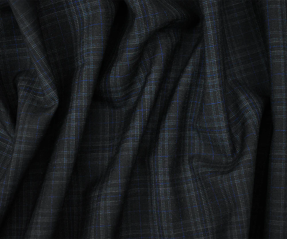Black-Gray-Blue Wool Polyester Plaid Woven Shirting Fabric - Image 2