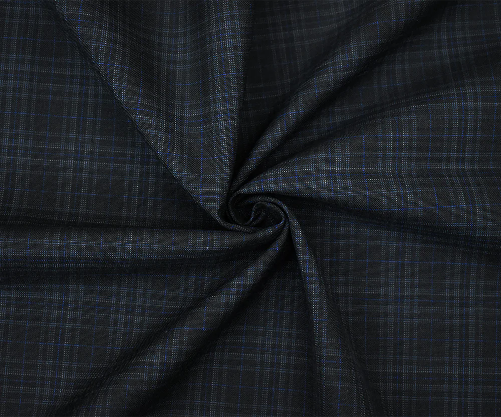 Black-Gray-Blue Wool Polyester Plaid Woven Shirting Fabric - Image 3