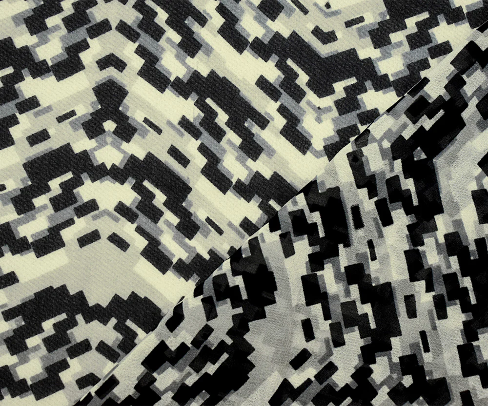 Black-Gray-Ivory Poly Abstract Pixel Chevron Printed Chiffon Woven Fabric - Image 2
