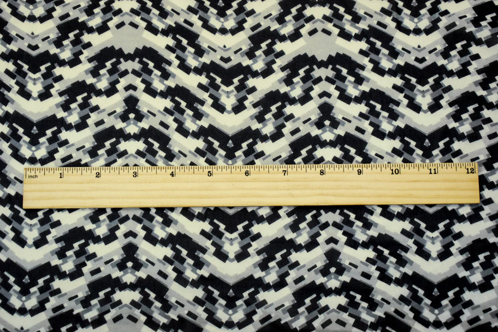 Black-Gray-Ivory Poly Abstract Pixel Chevron Printed Chiffon Woven Fabric - Image 3