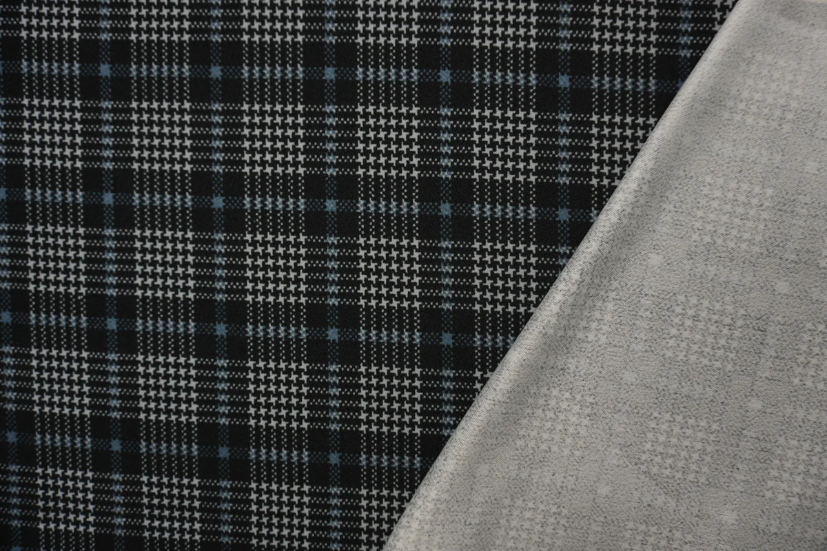 Black-Gray Poly Glen Plaid Print Liverpool Double Knit Fabric - Image 2
