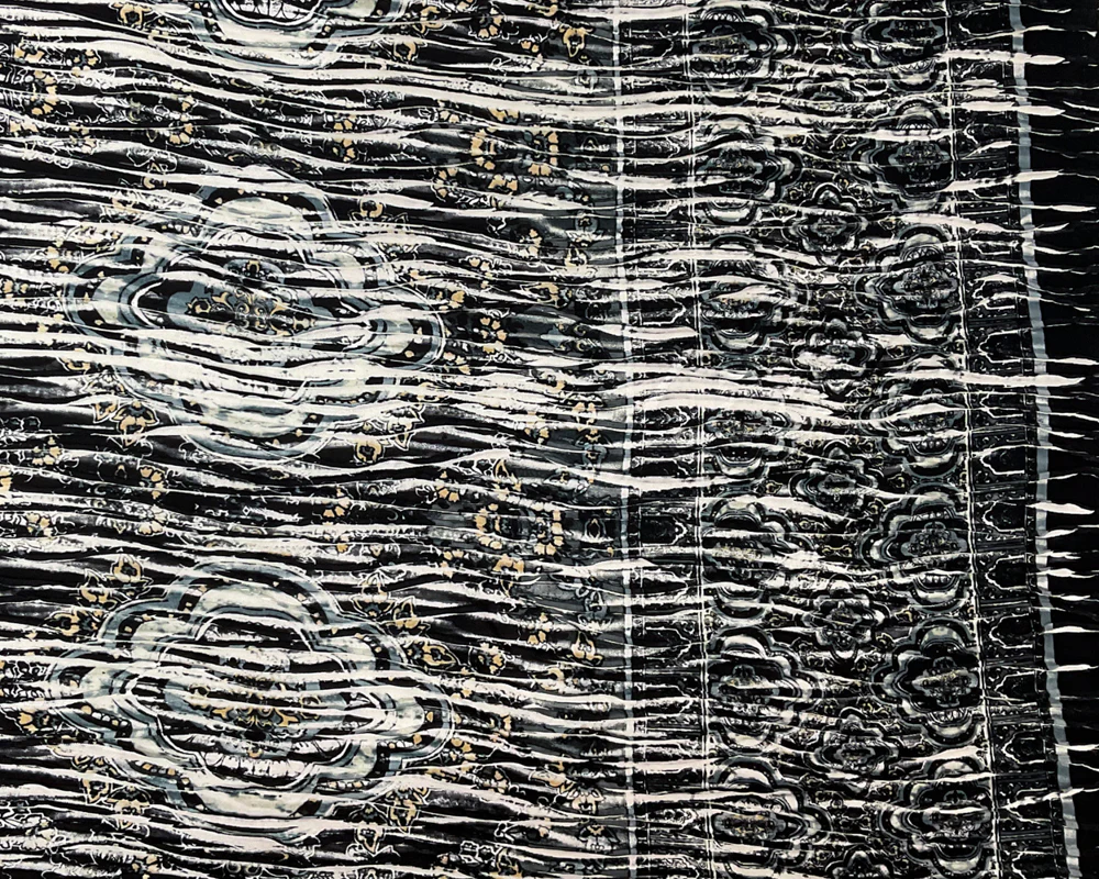 Black-Gray Poly Medallion Border Printed Knife Pleat Knit Fabric - Image 3