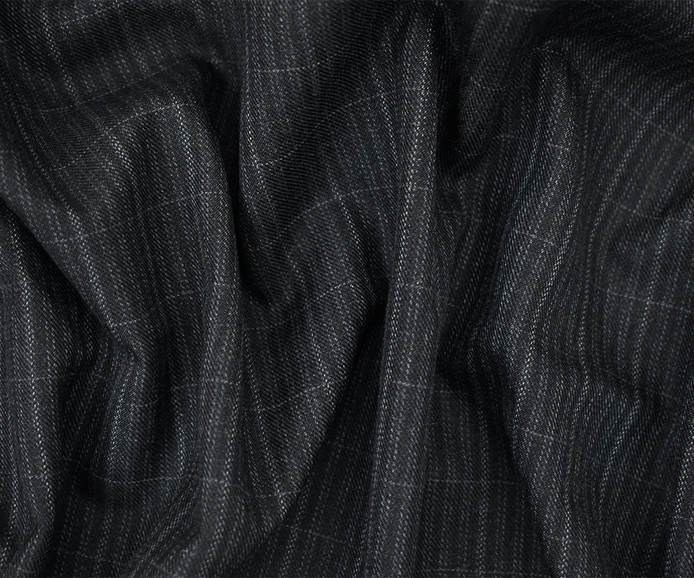 Black-Gray Polyester Wool Plaid Striped Pattern Twill Suiting Fabric - Image 2