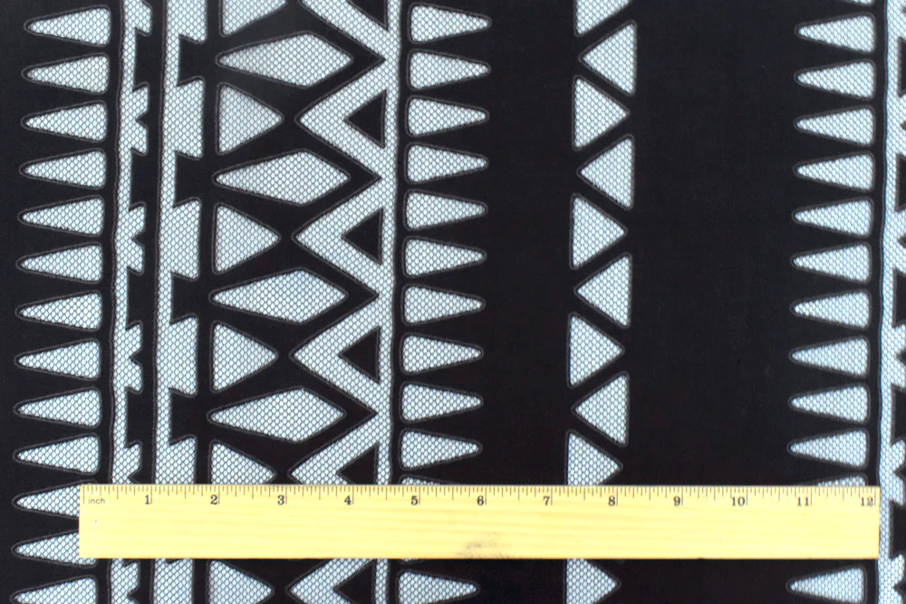 Black-Gray Tribal Printed Cotton-Poly Burnout Mesh Fabric - Image 5