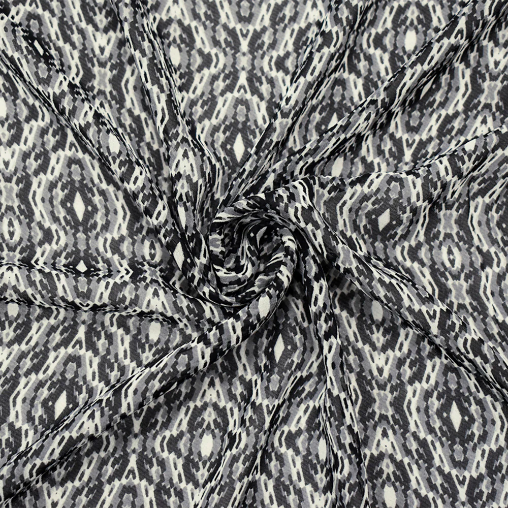 Black-Gray-White Polyester Aztec Printed Chiffon Woven Fabric