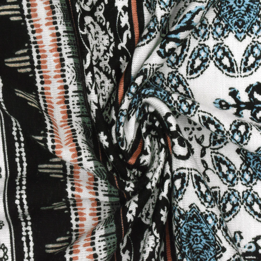 Black-Green-Multi Moroccan Stripe Printed Rayon Stretch Jersey Knit Fabric - Image 2