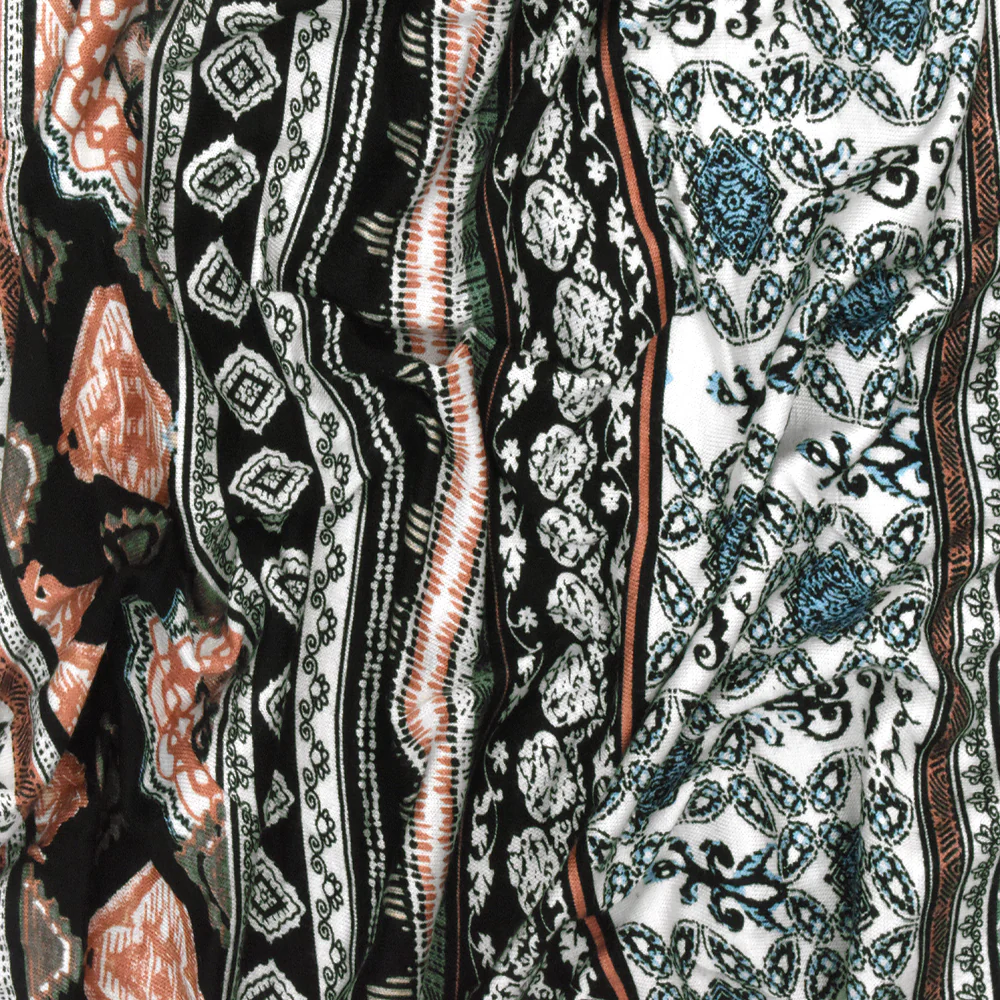 Black-Green-Multi Moroccan Stripe Printed Rayon Stretch Jersey Knit Fabric - Image 3