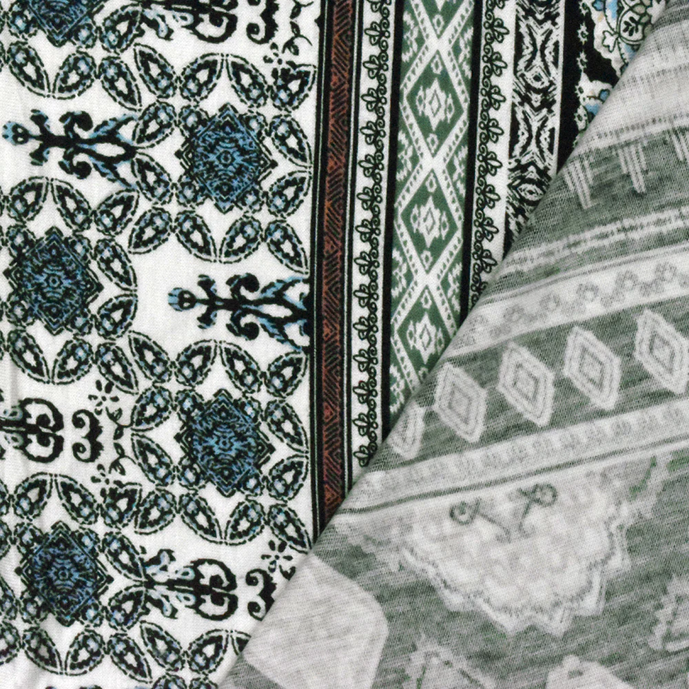 Black-Green-Multi Moroccan Stripe Printed Rayon Stretch Jersey Knit Fabric - Image 4