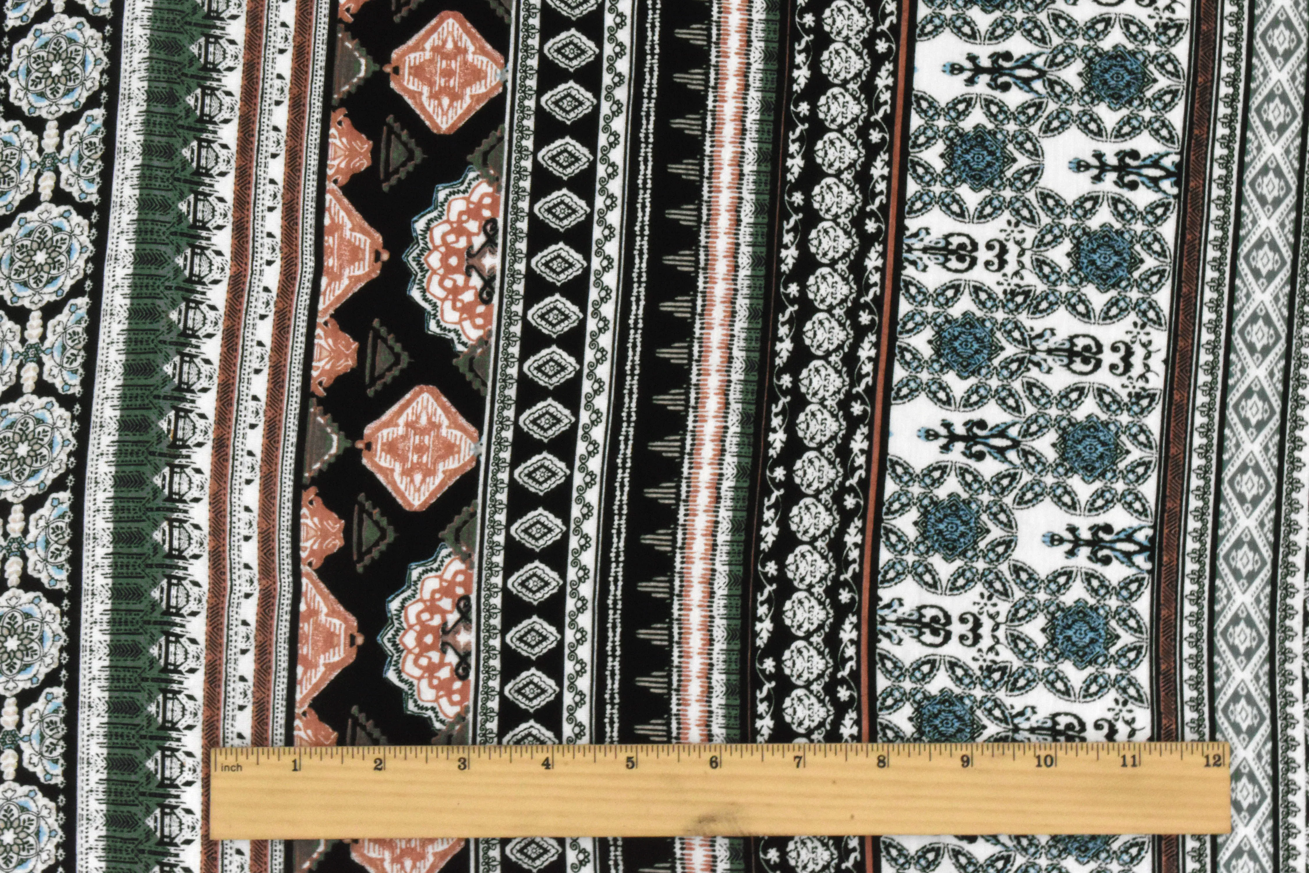 Black-Green-Multi Moroccan Stripe Printed Rayon Stretch Jersey Knit Fabric - Image 5