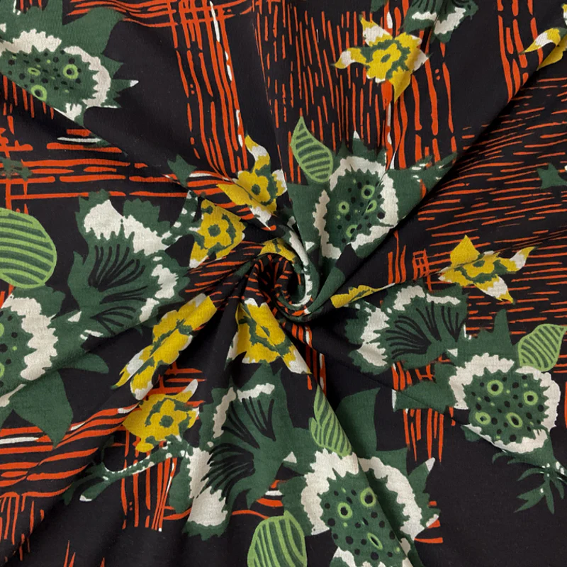 Black-Green-Multi Poly Stretch Floral Printed Jersey Knit Fabric
