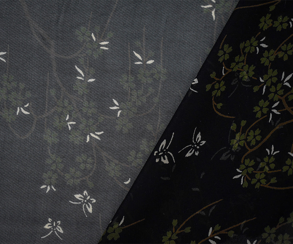 Black-Green-Multi Silk Butterfly Floral Printed Chiffon Woven Fabric - Image 2
