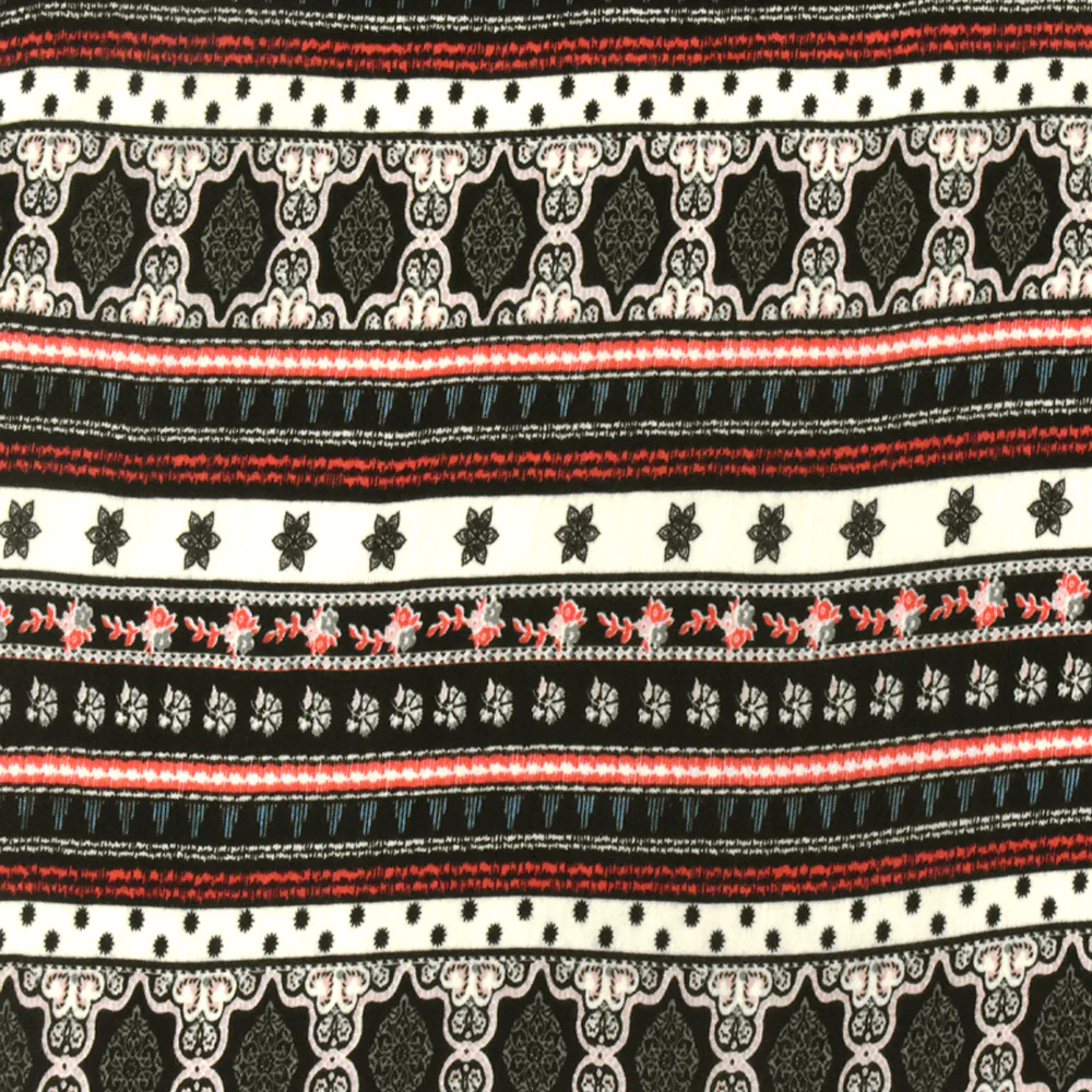 Black-Ivory-Multi Moroccan Stripe Printed Stretch Rayon Jersey Knit Fabric