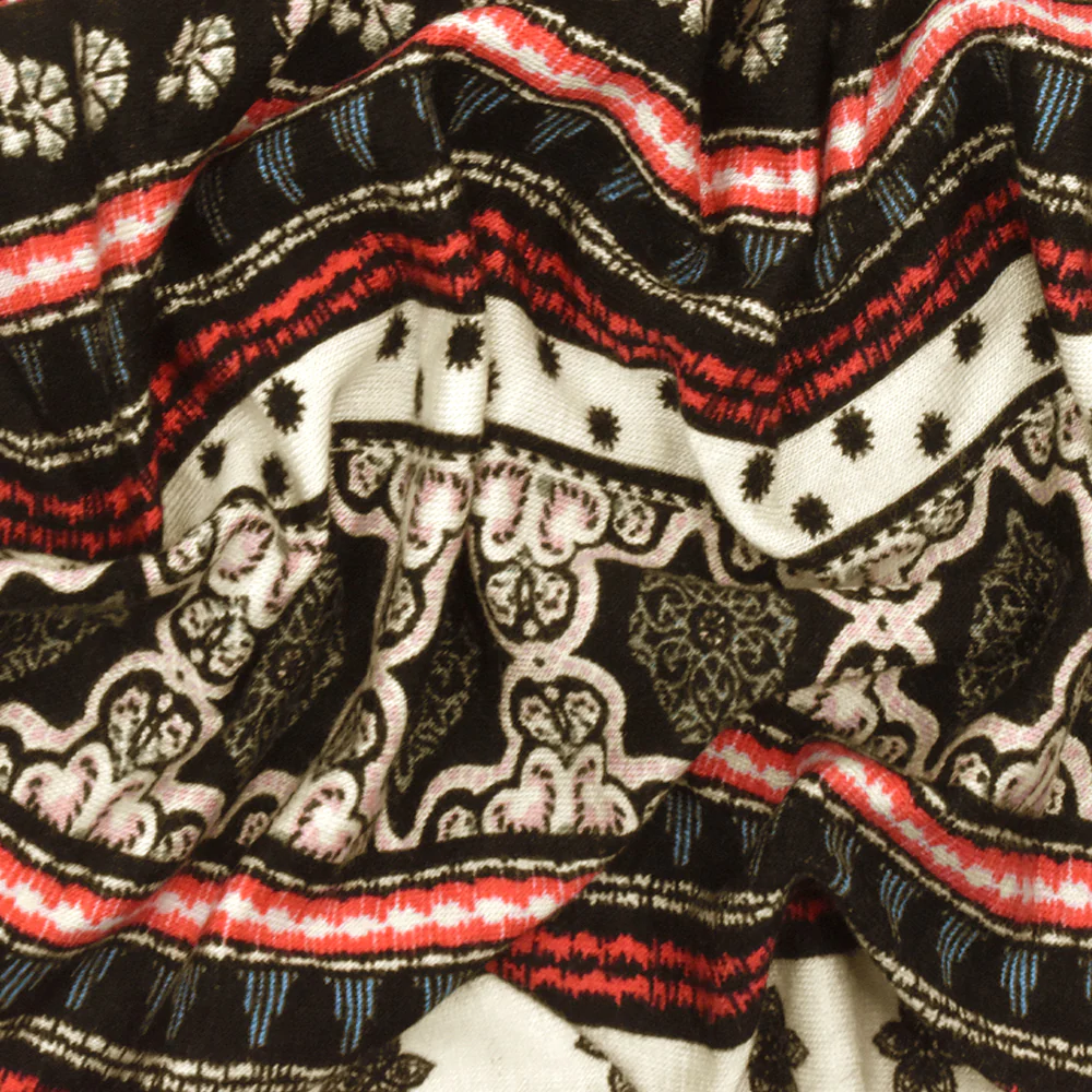 Black-Ivory-Multi Moroccan Stripe Printed Stretch Rayon Jersey Knit Fabric - Image 3