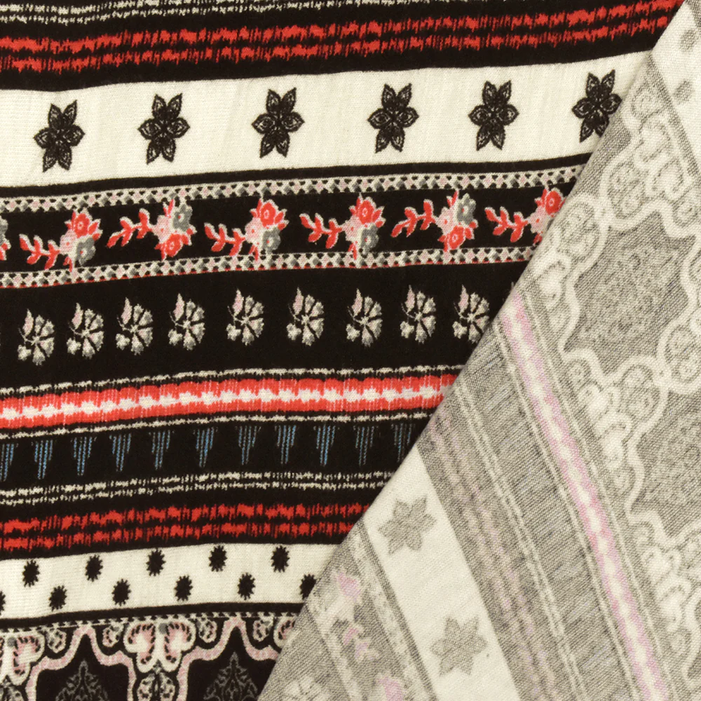 Black-Ivory-Multi Moroccan Stripe Printed Stretch Rayon Jersey Knit Fabric - Image 4