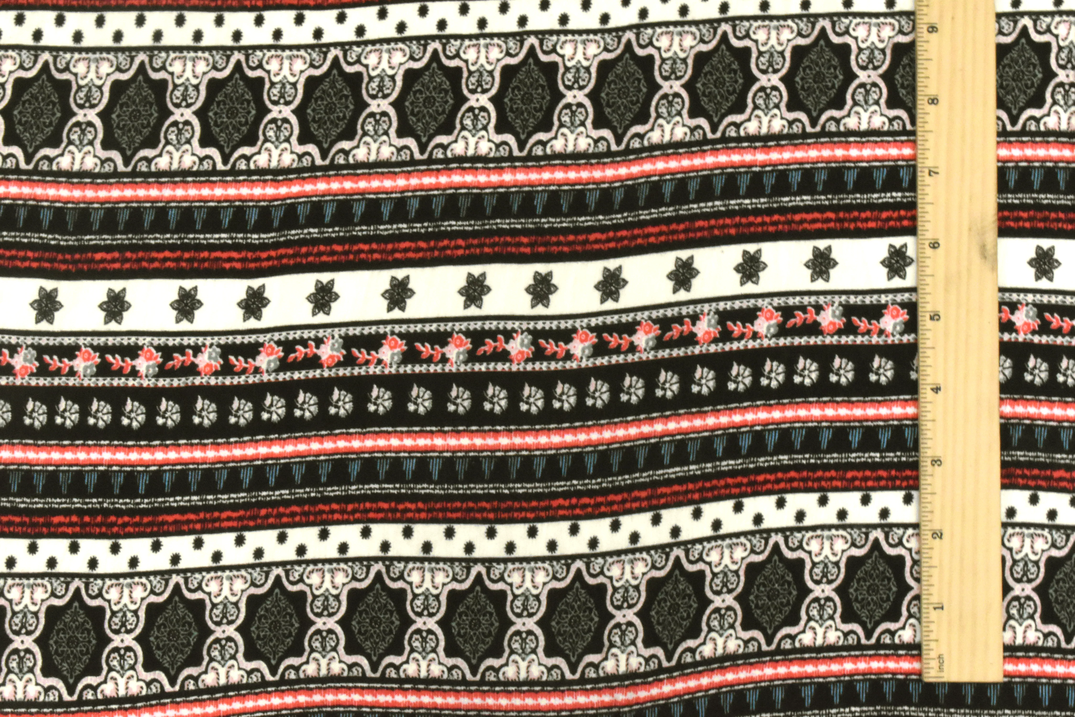 Black-Ivory-Multi Moroccan Stripe Printed Stretch Rayon Jersey Knit Fabric - Image 5