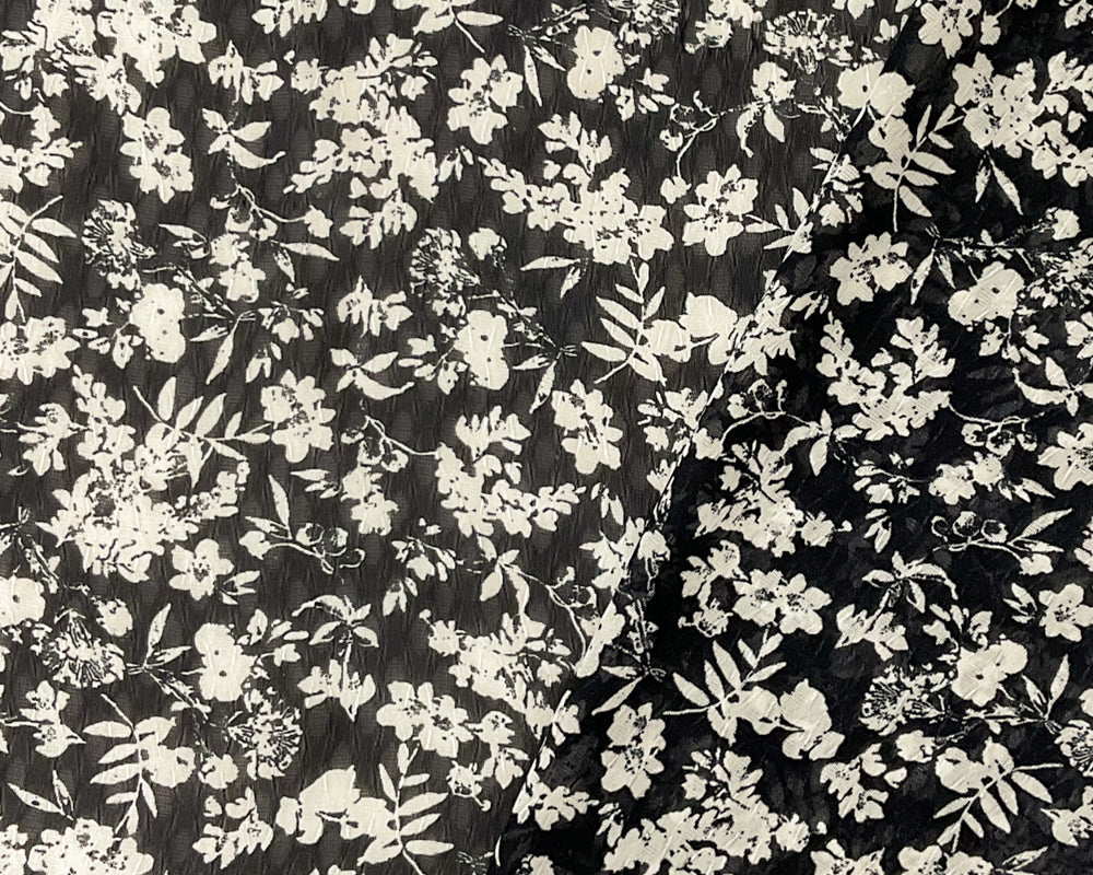 Black-Ivory Poly Floral Printed Ogee Shape Dobby Chiffon Woven Fabric - Image 2