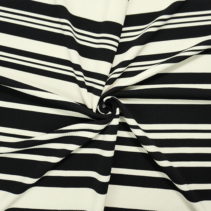 Black-Ivory Poly Stripe Print Liverpool Double Knit Fabric