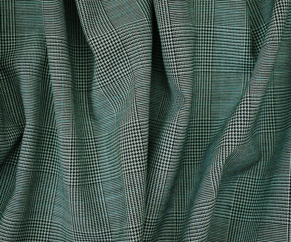 Black-Light Gray-Green Poly-Wool Glen Plaid Woven Shirting Fabric - Image 2