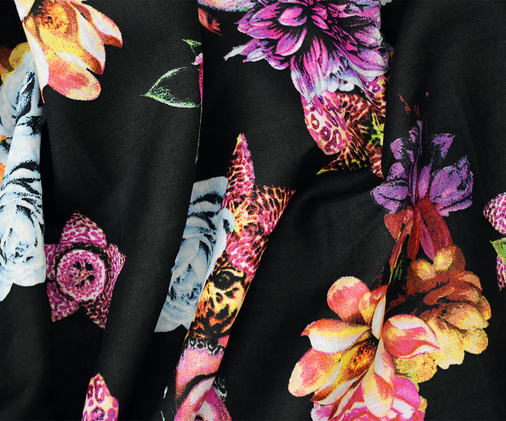 Black-Magenta-Multi Faces and Floral Printed Linen Woven Fabric - Image 2