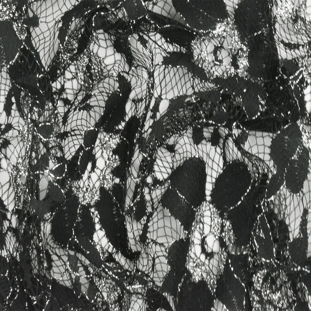 Black-Metallic Silver Floral Lace Knit Fabric - Image 2