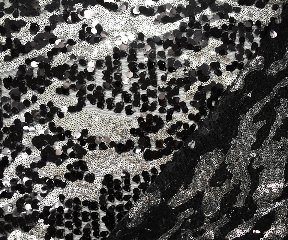 Black-Metallic Silver Nylon Abstract Sequin Tulle Mesh Fabric - Image 2