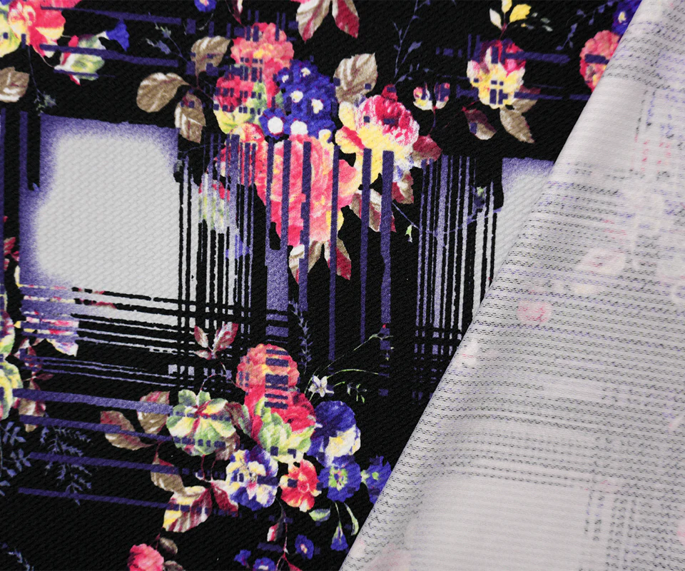 Black-Multi Abstract Floral Print Liverpool Double Knit Fabric - Image 2