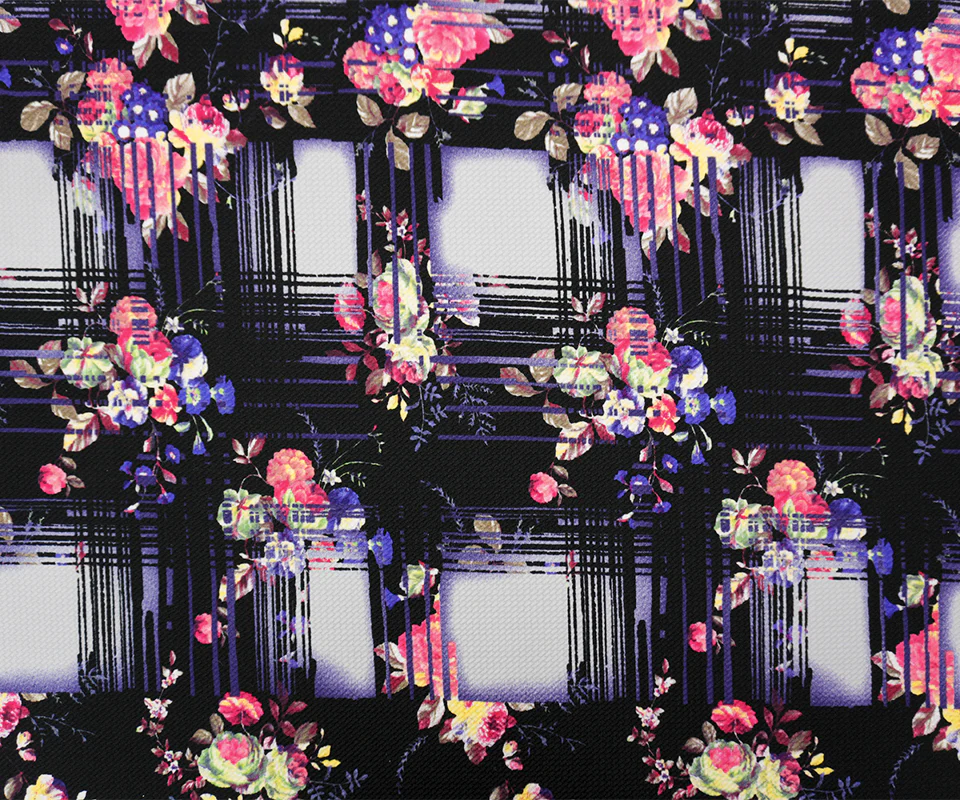 Black-Multi Abstract Floral Print Liverpool Double Knit Fabric - Image 3